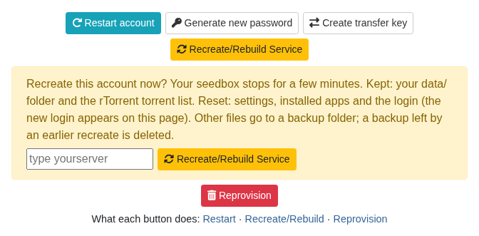 The row of account buttons on the service page with the Recreate/Rebuild Service panel open: what is kept and reset, a box for the server name and a Recreate/Rebuild Service button
