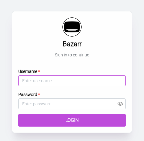 Bazarr sign-in card with Username and Password fields and a purple Login button