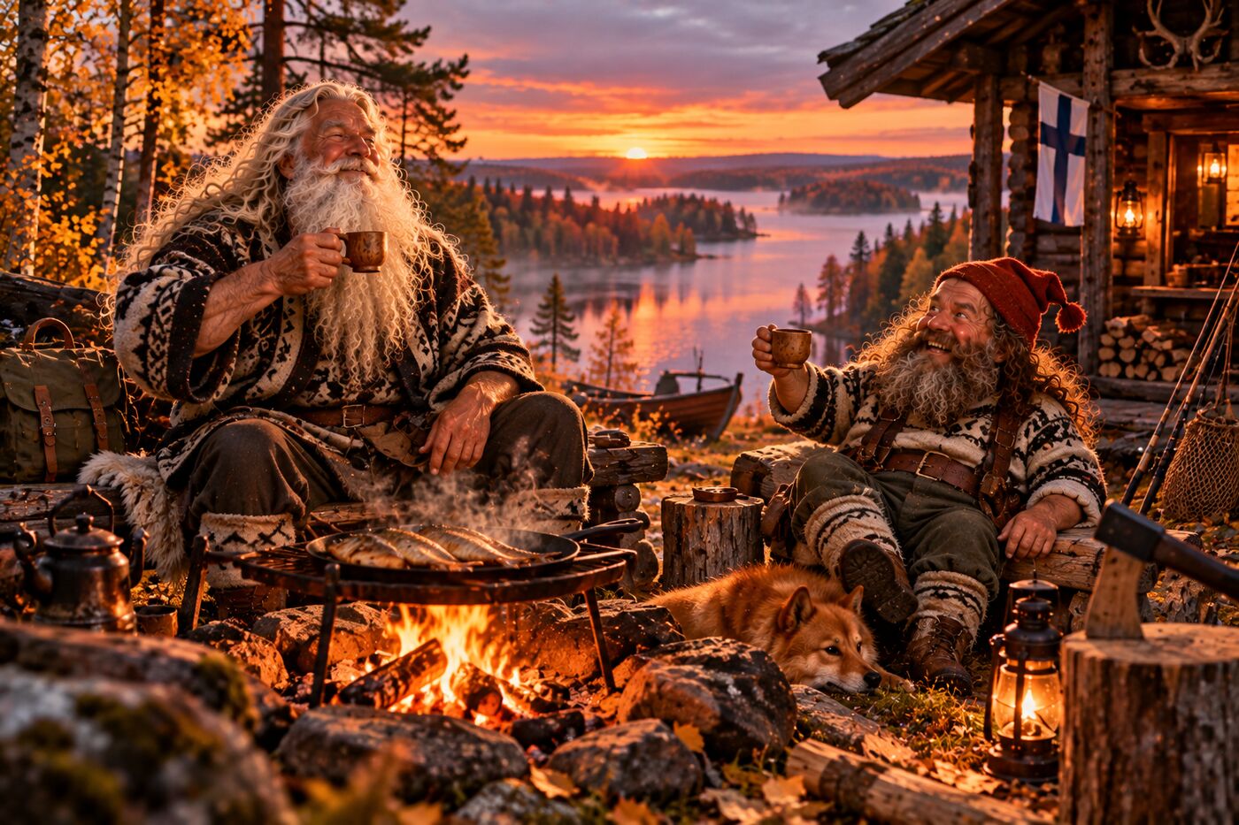 Väinämöinen and Pikkumies by a campfire