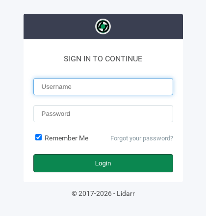 Lidarr sign-in form with Username and Password fields and a green Login button