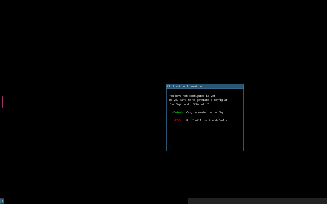 A black desktop with a dialog titled "i3: first configuration"