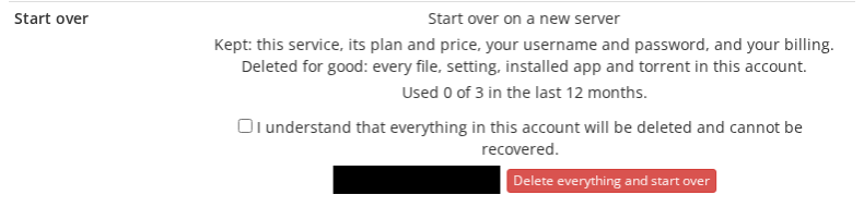 The opened Start over row: what is kept, what is deleted, the count of start-overs in the last 12 months, a checkbox, a covered server name box and a red Delete everything and start over button