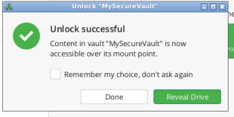 4. Unlocked: the vault is accessible over its mount point. Drop files in; they are encrypted before they sync to the box.